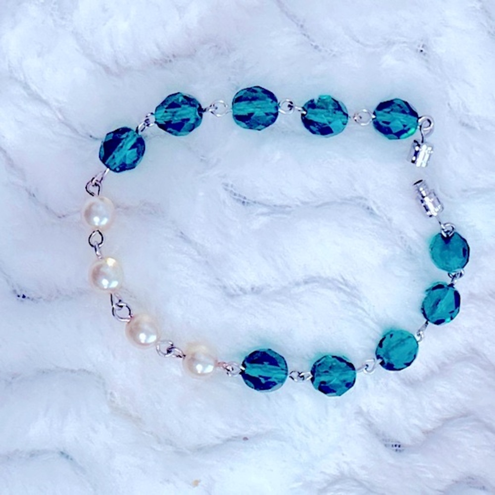 🆕Teal Swarovski Faucet Crystals Family Symbolic Antique Glass Pearls Bracelet